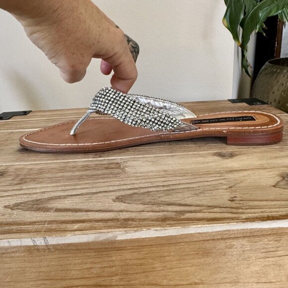 Steven ;Steve Madden Karatz Rhinestone Silver Genuine Leather Strap Thong Sandal - Picture 8 of 12